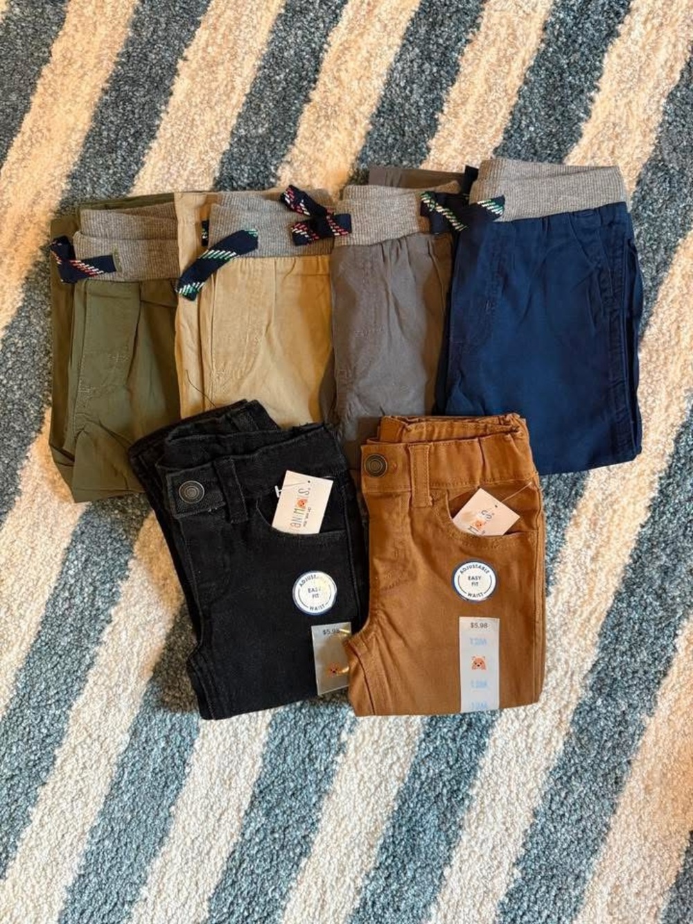 9-12 mo Baby Elastic Waist Twill Pants - Olive, Khaki, Gray, Navy, Black, Brown